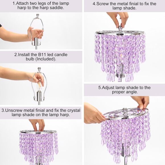 Crystal Table Lamp 3 Way Dimmable Touch Nightstand Light with USB Ports Lavender - Picture 5 of 8